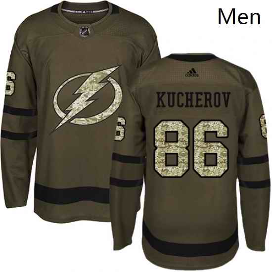 Mens Adidas Tampa Bay Lightning 86 Nikita Kucherov Authentic Green Salute to Service NHL Jersey